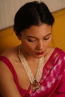 Gold Finish Pearl Long Necklace In Sterling Silver