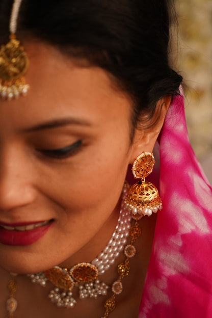 Gold Finish Jhumka Earrings In Sterling Silver