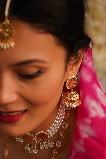 Gold Finish Jhumka Earrings In Sterling Silver