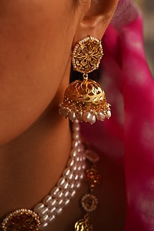 Gold Finish Jhumka Earrings In Sterling Silver