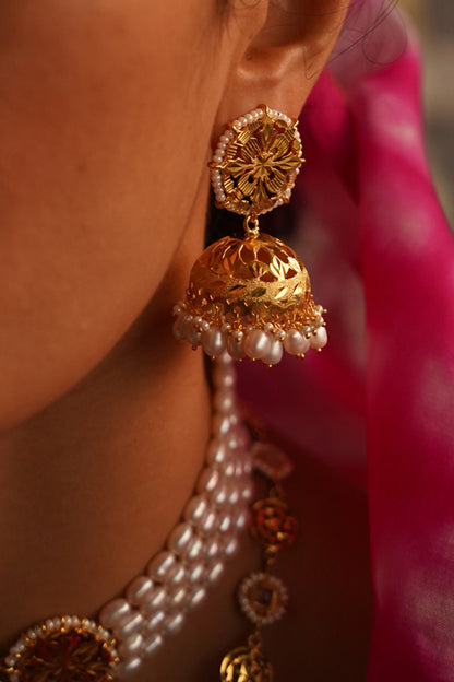 Gold Finish Jhumka Earrings In Sterling Silver