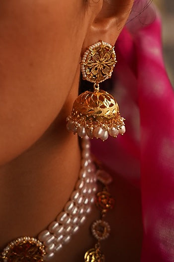 Gold Finish Jhumka Earrings In Sterling Silver