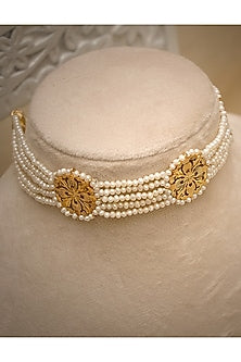 Gold Finish Pearl Choker Necklace In Sterling Silver