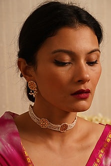 Gold Finish Pearl Choker Necklace In Sterling Silver
