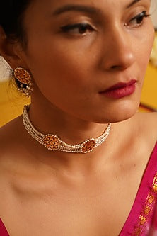 Gold Finish Pearl Choker Necklace In Sterling Silver