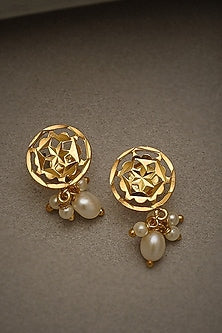 Gold Finish Pearl Earrings In Sterling Silver