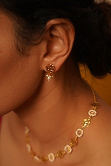 Gold Finish Pearl Earrings In Sterling Silver