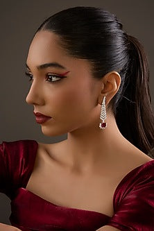 Gold Plated Cubic Zirconia & Ruby Gemstone Dangler Earrings In Sterling Silver