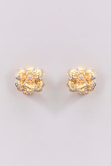 Gold Plated Cubic Zirconia Floral Stud Earrings In Sterling Silver
