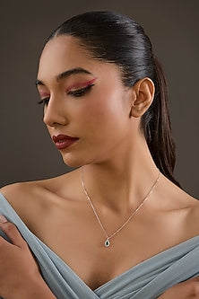 Gold Plated Oval Emerald Stone & Cubic Zirconia Pendant Necklace In Sterling Silver
