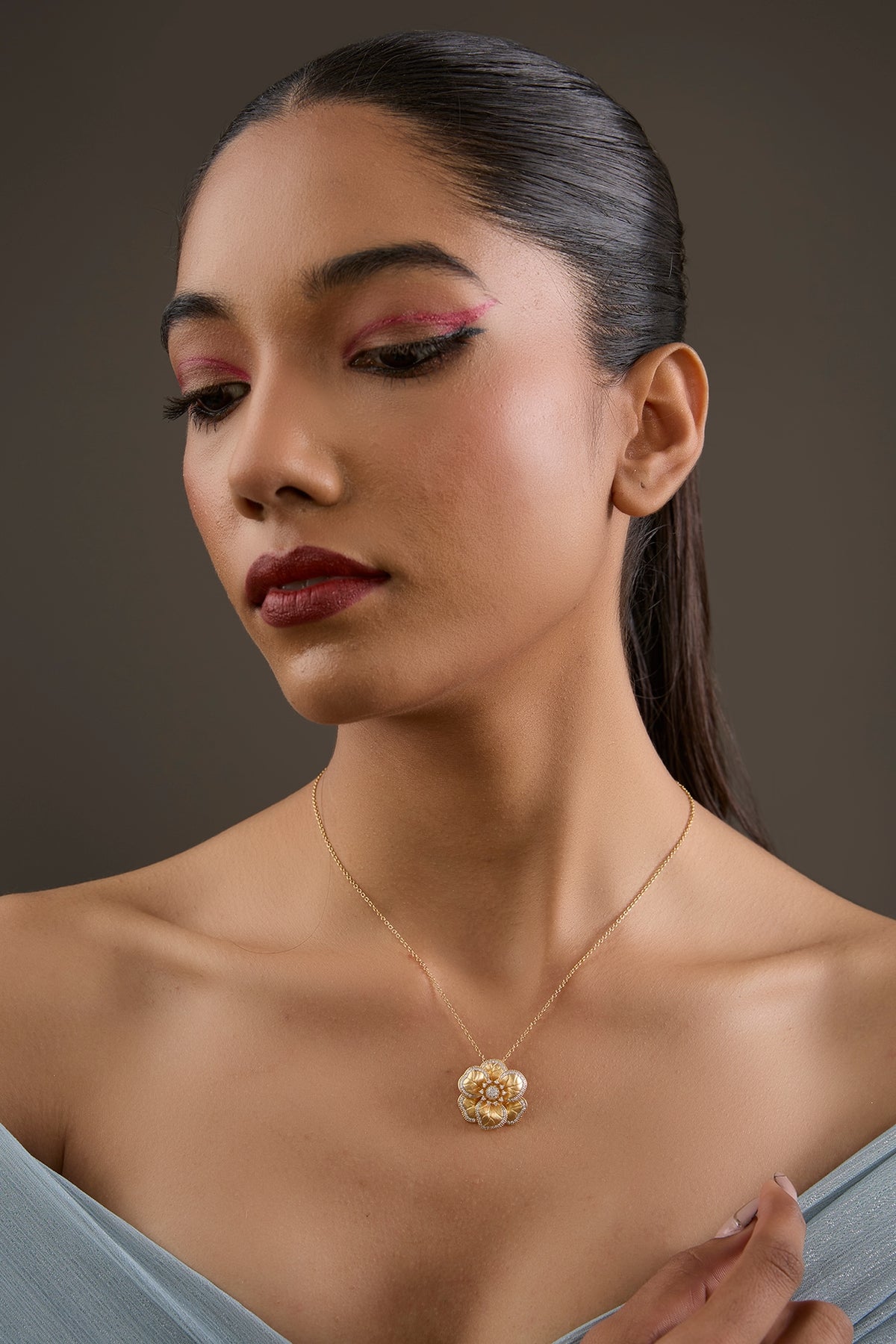 Gold Plated Cubic Zirconia Floral Pendant Necklace In Sterling Silver