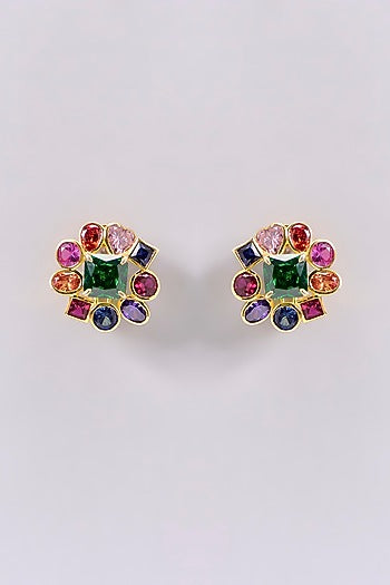 Gold Plated Multi-Colored Sapphire Stone Stud Earrings In Sterling Silver