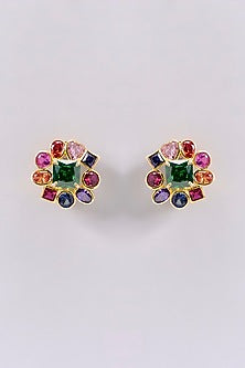 Gold Plated Multi-Colored Sapphire Stone Stud Earrings In Sterling Silver