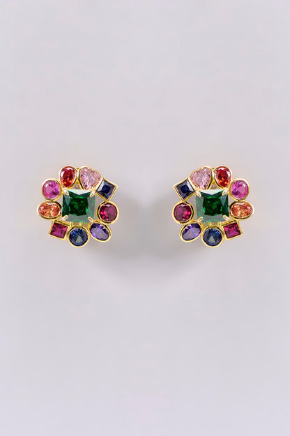 Gold Plated Multi-Colored Sapphire Stone Stud Earrings In Sterling Silver
