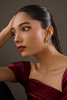 Gold Plated Multi-Colored Stone Floral Stud Earrings In Sterling Silver