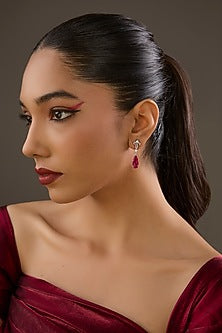 Gold Plated Cubic Zirconia & Ruby Stone Tear-Drop Dangler Earrings In Sterling Silver