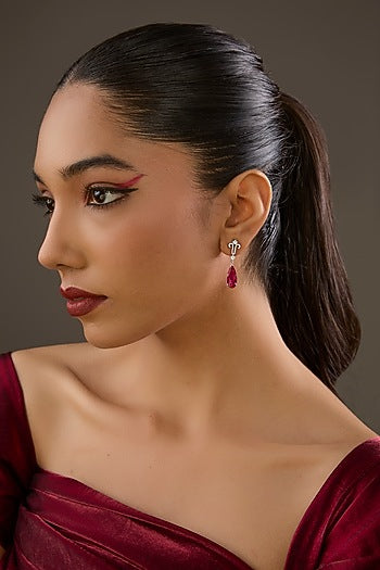 Gold Plated Cubic Zirconia & Ruby Stone Tear-Drop Dangler Earrings In Sterling Silver