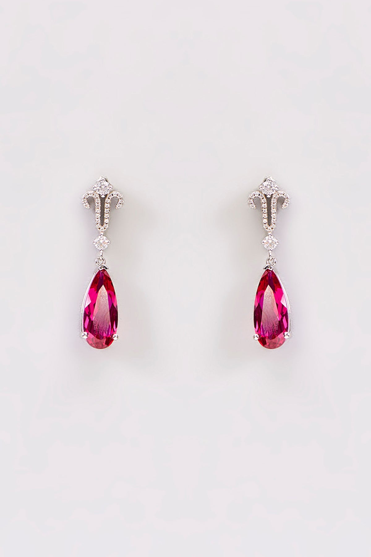 Gold Plated Cubic Zirconia & Ruby Stone Tear-Drop Dangler Earrings In Sterling Silver