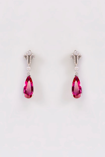 Gold Plated Cubic Zirconia & Ruby Stone Tear-Drop Dangler Earrings In Sterling Silver