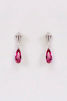 Gold Plated Cubic Zirconia & Ruby Stone Tear-Drop Dangler Earrings In Sterling Silver