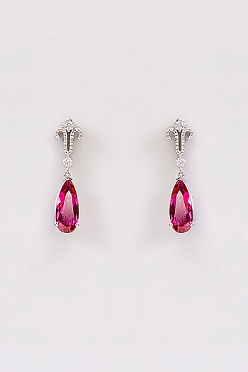 Gold Plated Cubic Zirconia & Ruby Stone Tear-Drop Dangler Earrings In Sterling Silver