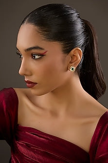 Gold Plated Emerald Stone & Cubic Zirconia Stud Earrings In Sterling Silver