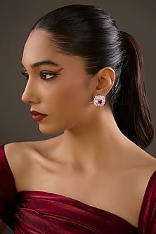 Gold Plated Pink Sapphire Stone & Cubic Zirconia Stud Earrings In Sterling Silver