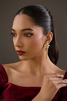 Gold Plated White Synthetic Stone Floral Dangler Earrings In Sterling Silver