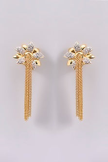 Gold Plated White Synthetic Stone Floral Dangler Earrings In Sterling Silver
