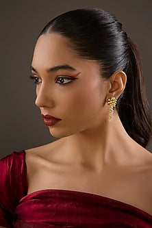 Gold Plated Cubic Zirconia Floral Long Earrings In Sterling Silver