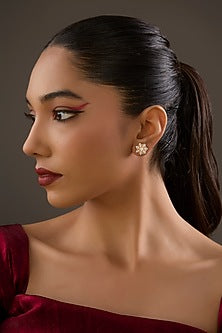Gold Plated Lab-Grown Moissanite Stone & Cubic Zirconia Floral Stud Earrings In Sterling Silver