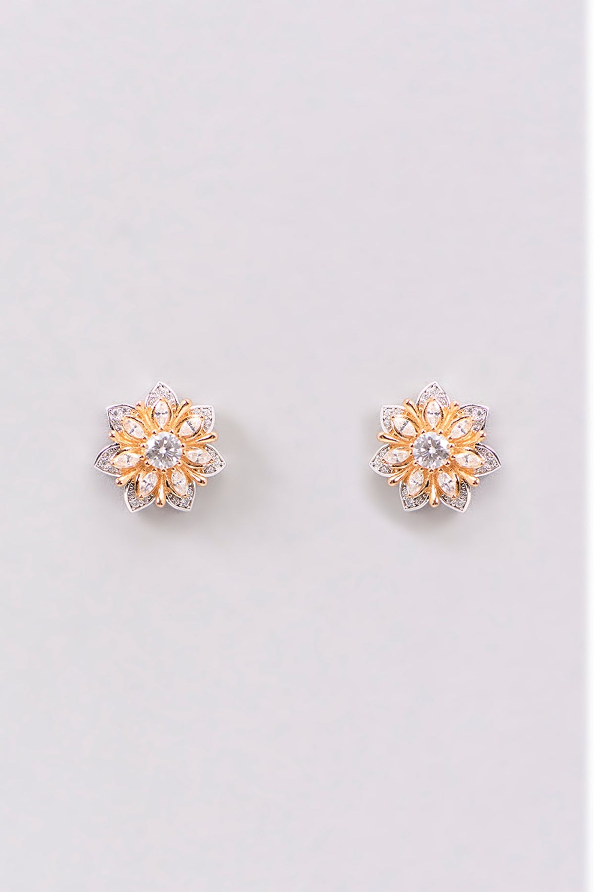 Gold Plated Lab-Grown Moissanite Stone & Cubic Zirconia Floral Stud Earrings In Sterling Silver