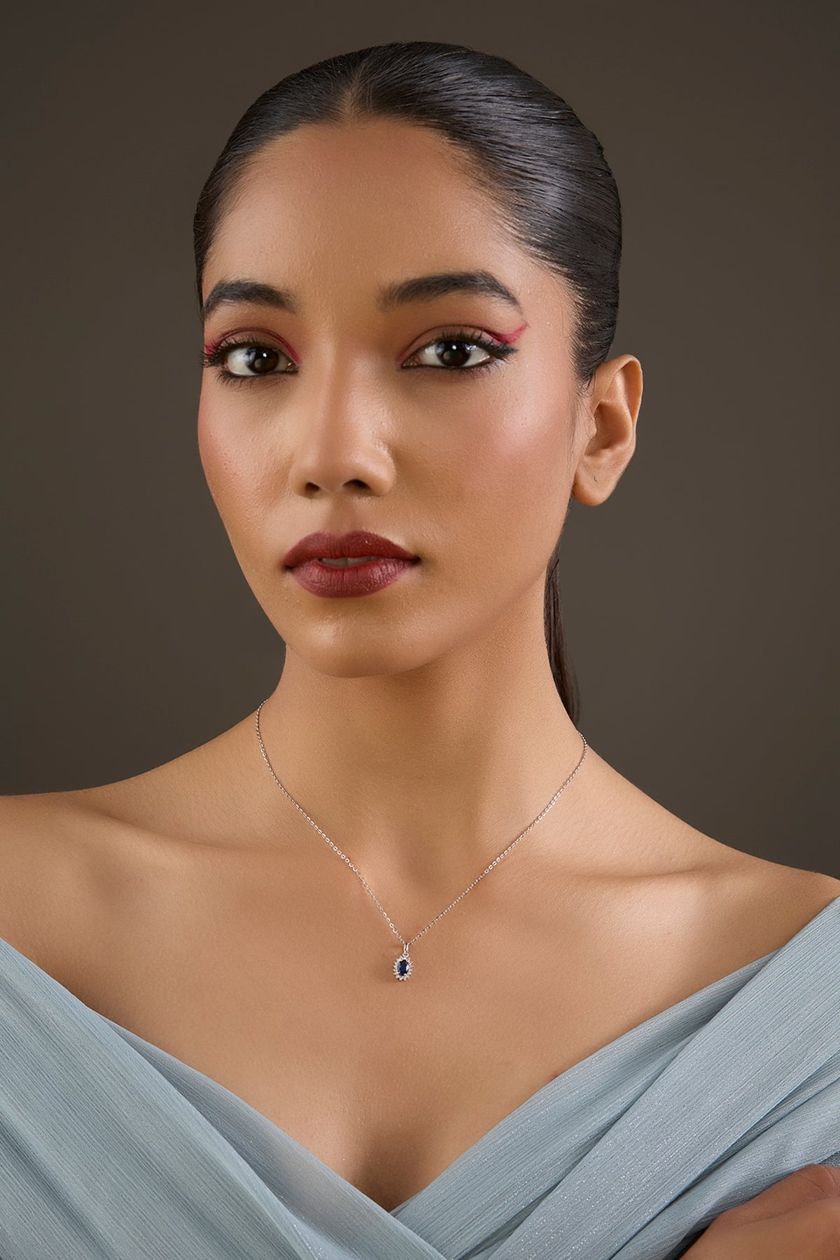 Gold Plated Lab-Grown Sapphire Stone & Cubic Zirconia Pendant Necklace In Sterling Silver