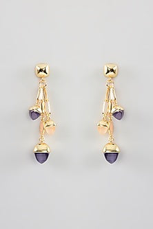 Gold Finish Amethyst & Crystal Dangling Paper Clip Link Earrings