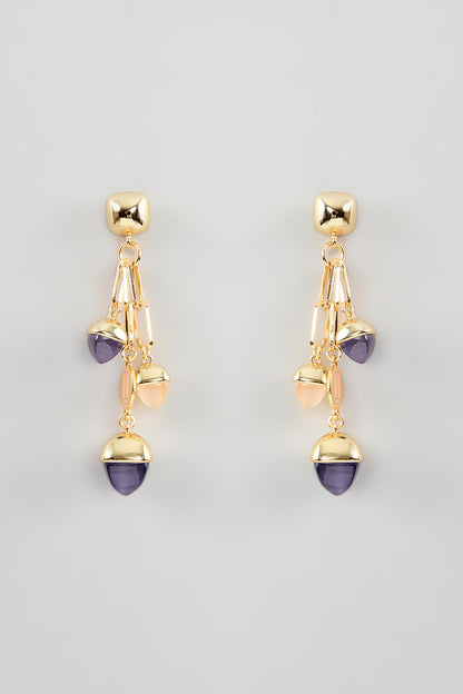 Gold Finish Amethyst & Crystal Dangling Paper Clip Link Earrings