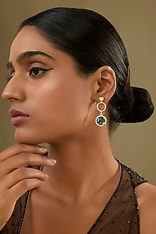Gold Finish Cubic Zirconia & Green Crystal Dangler Earrings