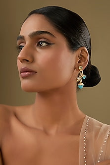 Gold Finish Turquoise Crystal & Cubic Zirconia Dangler Earrings