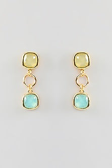 Gold Finish Green & Aquamarine Crystal Dangler Earrings