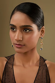 Gold Finish Orange & Blue Crystal Dangler Earrings