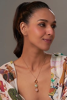 Yellow Gold Finish Cubic Zirconia & Multi-Colored Crystal Pendant Necklace