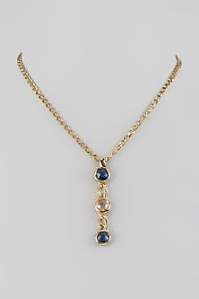 Yellow Gold Finish Blue Sapphire & Peach Crystal Pendant Necklace