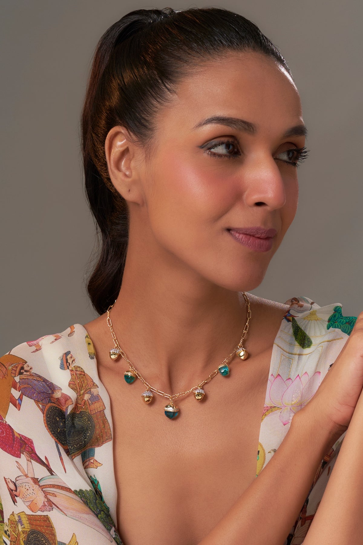Yellow Gold Finish Aquamarine Crystal & Cubic Zirconia Pyramadial Necklace