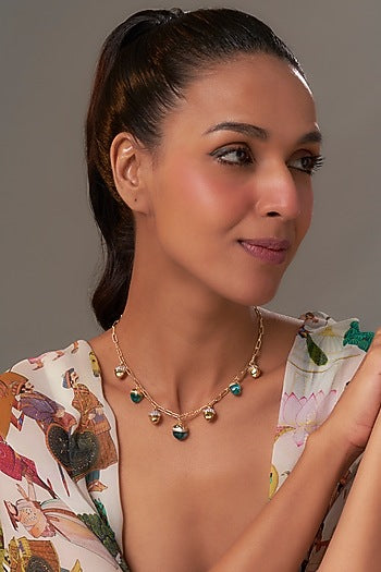 Yellow Gold Finish Aquamarine Crystal & Cubic Zirconia Pyramadial Necklace