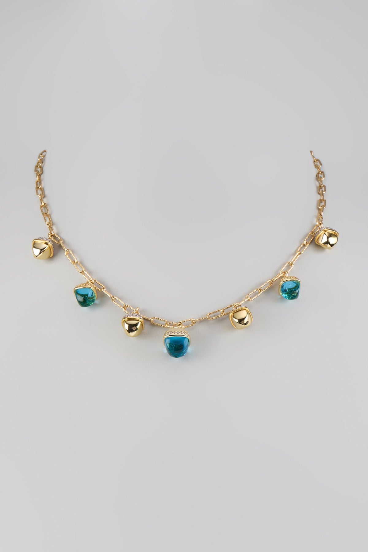 Yellow Gold Finish Aquamarine Crystal & Cubic Zirconia Pyramadial Necklace