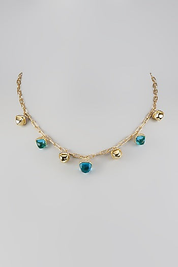 Yellow Gold Finish Aquamarine Crystal & Cubic Zirconia Pyramadial Necklace