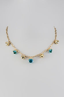 Yellow Gold Finish Aquamarine Crystal & Cubic Zirconia Pyramadial Necklace