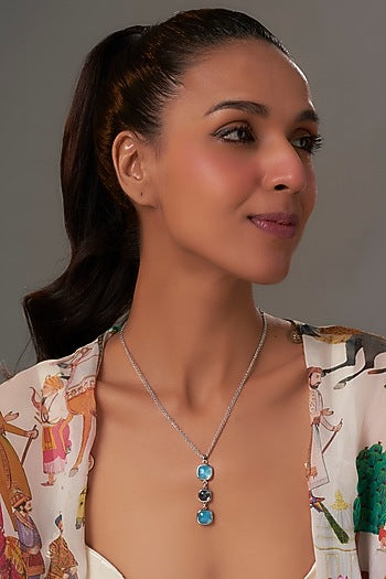 White Rhodium Finish Milky Blue & Aquamarine Crystal Pendant Necklace