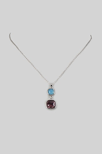 White Rhodium Finish Purple Amethyst & Aquamarine Crystal Pendant Necklace