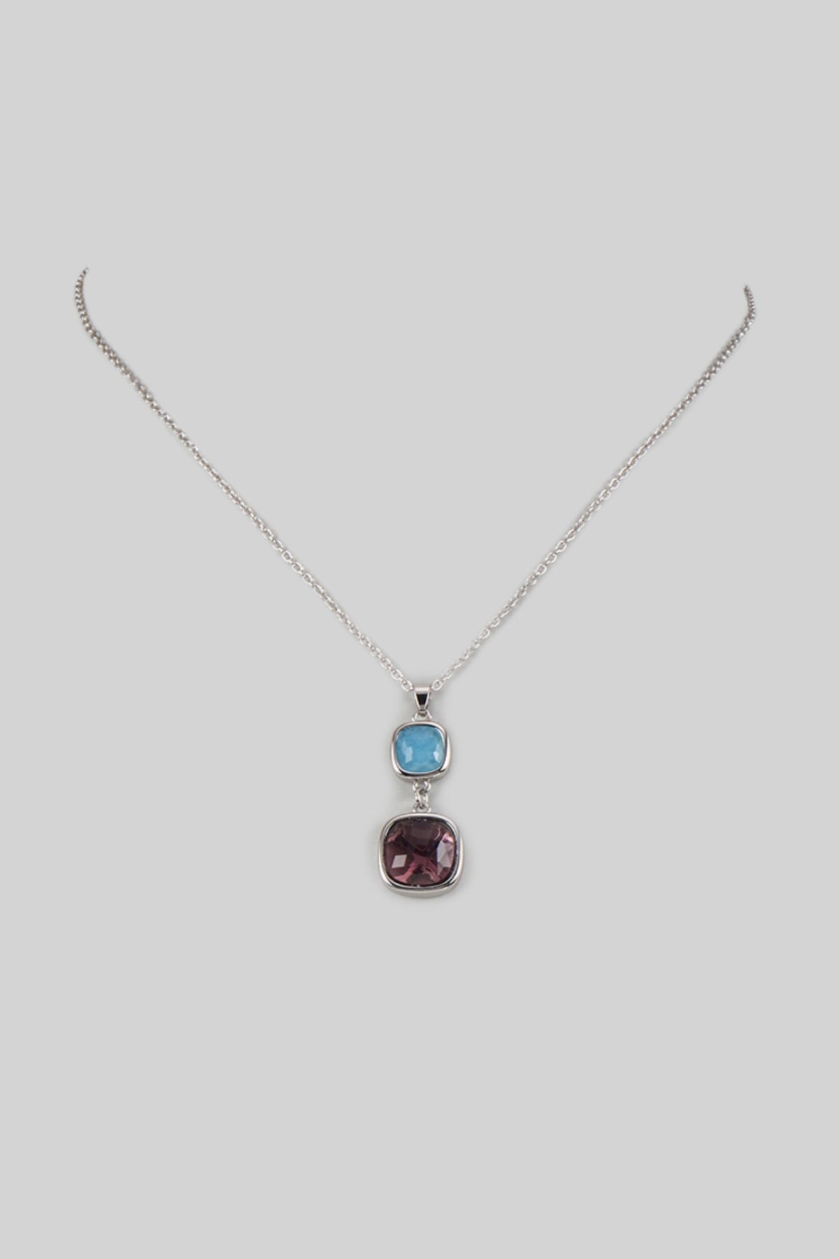 White Rhodium Finish Purple Amethyst & Aquamarine Crystal Pendant Necklace