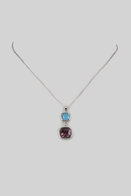 White Rhodium Finish Purple Amethyst & Aquamarine Crystal Pendant Necklace